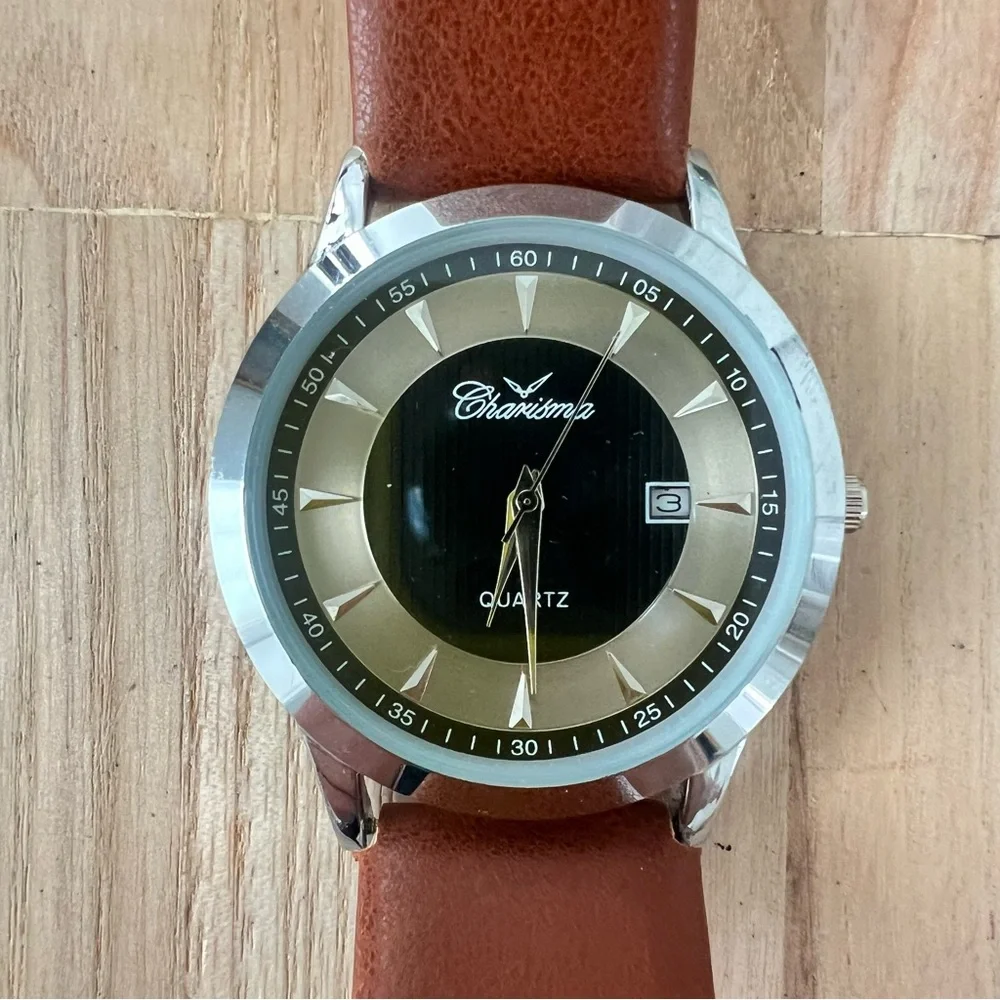 Charisma mens silver tone brown leather dress watch NEW BATTERY